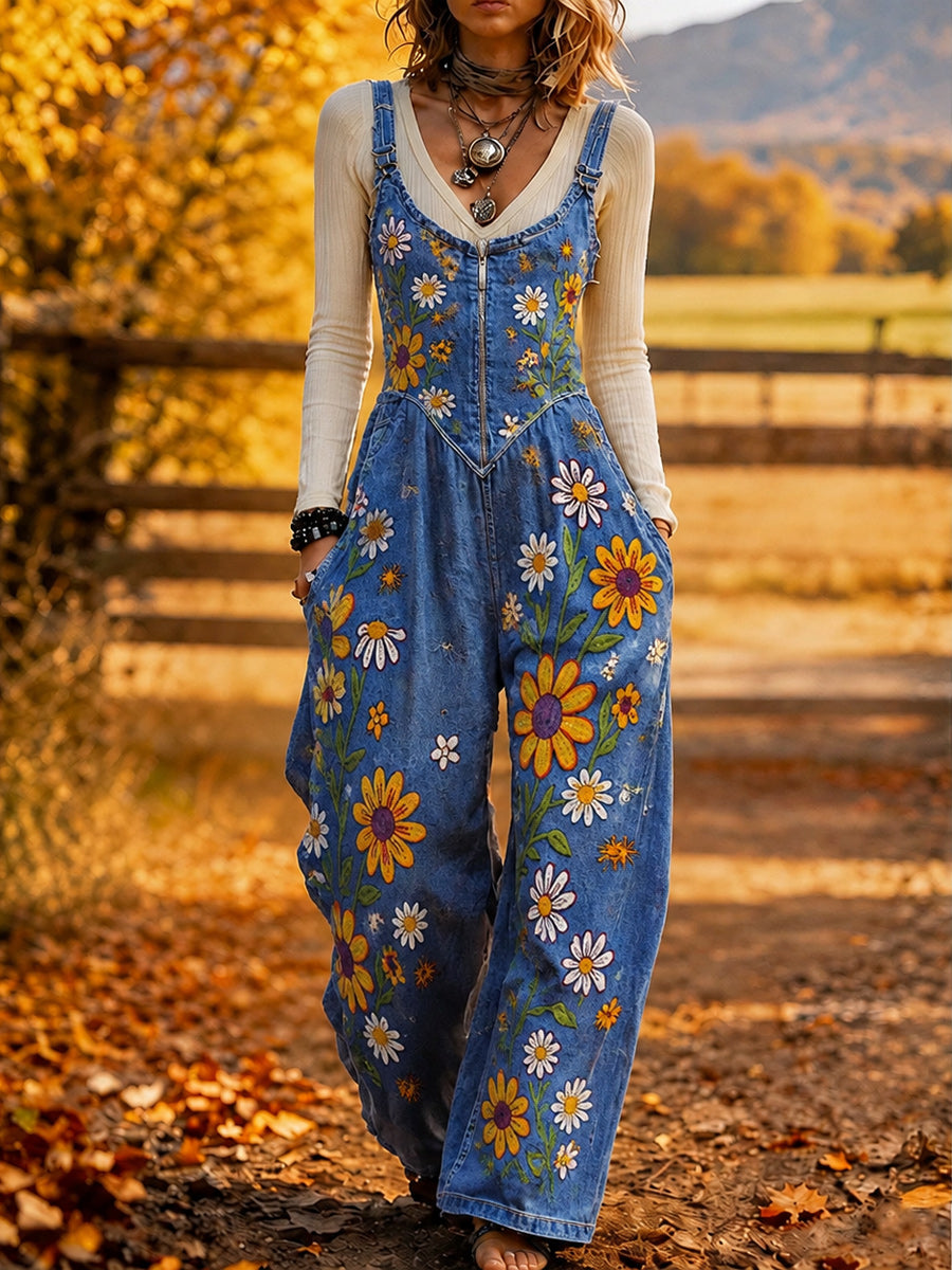 Women's Retro Autumn Style Art Print Washed Cotton Denim Patchwork Jumpsuit
